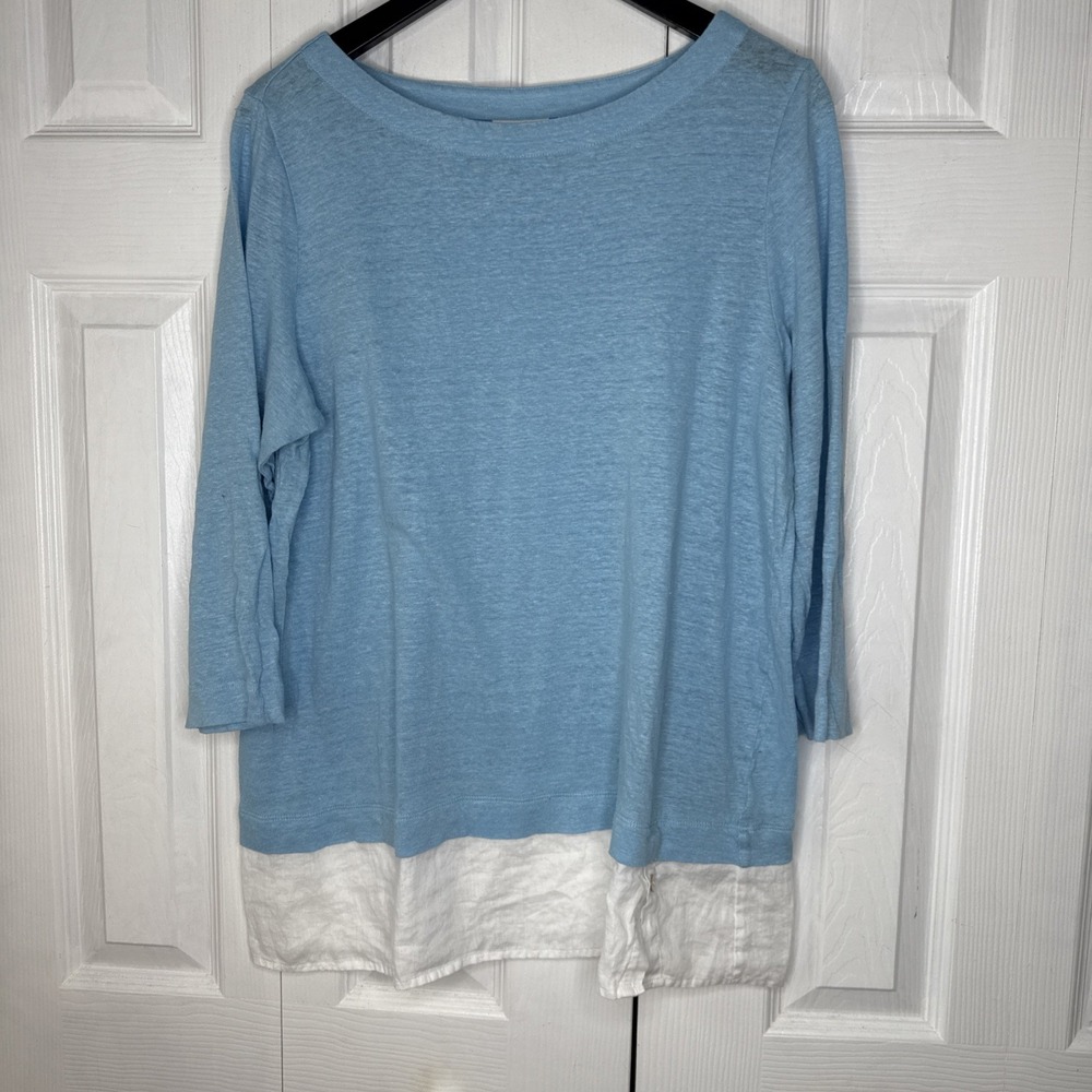 J.Jill Love Linen Knit Layered Hem Tunic Top L Blue Coastal Resort Lagenlook